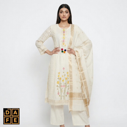 Women's Off-White Floral Embroidered Straight Kurti with Pants & Dupatta