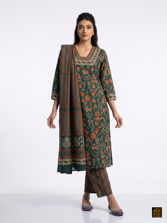 Emerald Ajrakh Print Kurta Set with Coordinated Dupatta