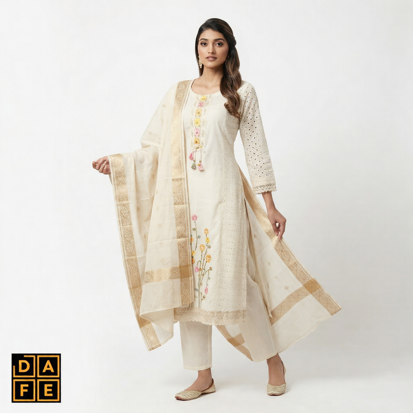 Women's Off-White Floral Embroidered Straight Kurti with Pants & Dupatta
