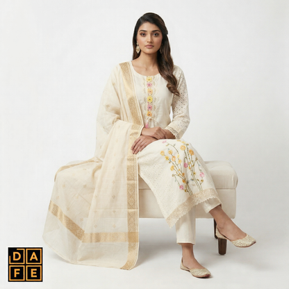 Women's Off-White Floral Embroidered Straight Kurti with Pants & Dupatta