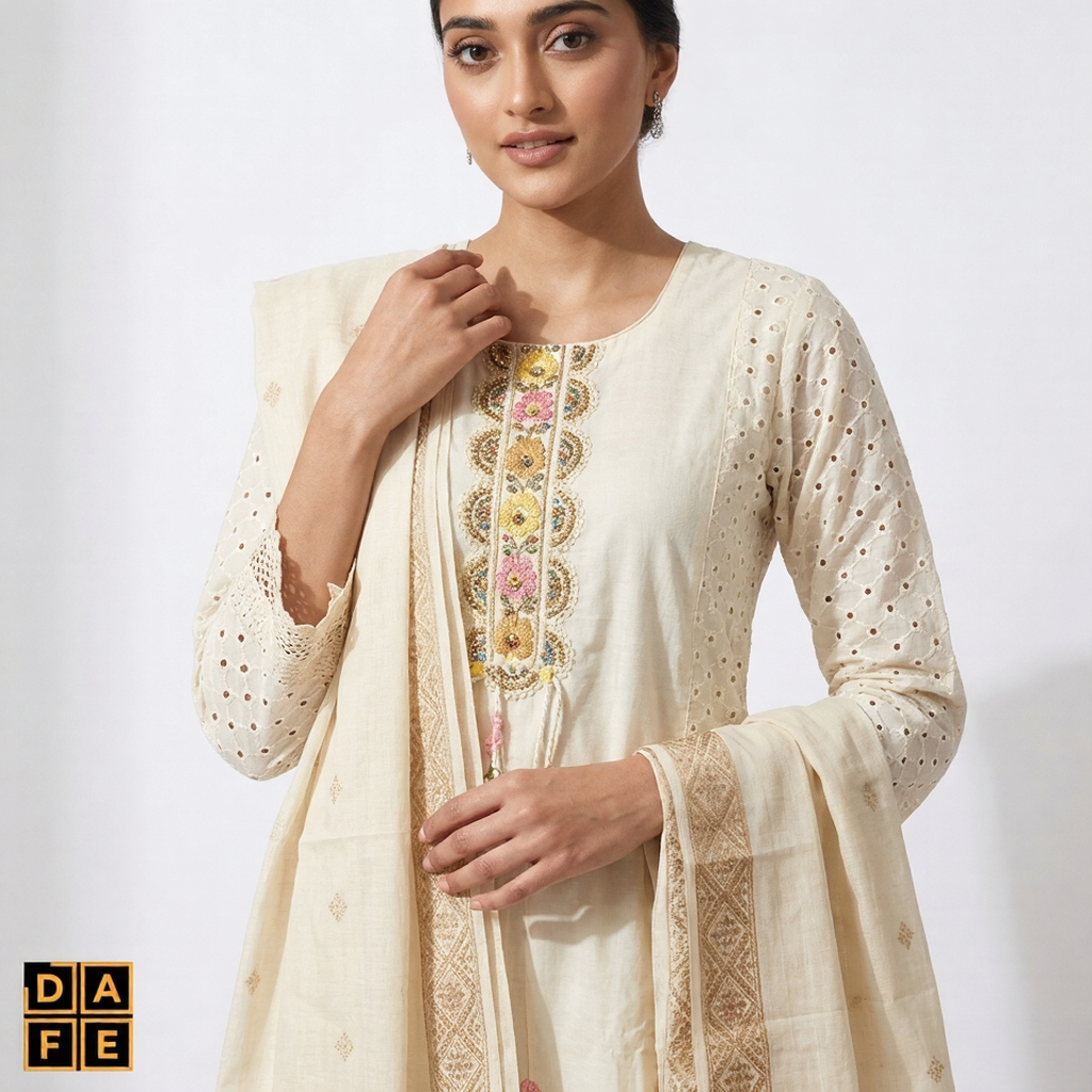 Women's Off-White Floral Embroidered Straight Kurti with Pants & Dupatta