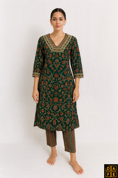 Emerald Ajrakh Print Kurta Set with Coordinated Dupatta