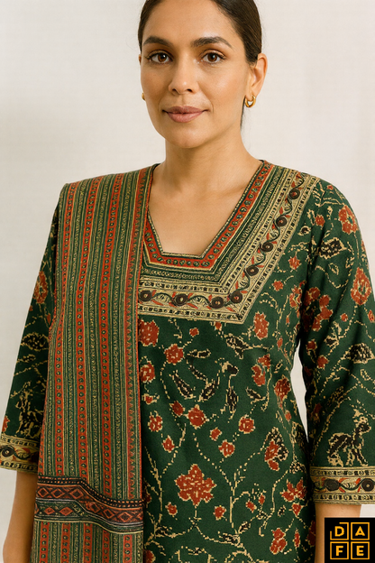 Emerald Ajrakh Print Kurta Set with Coordinated Dupatta