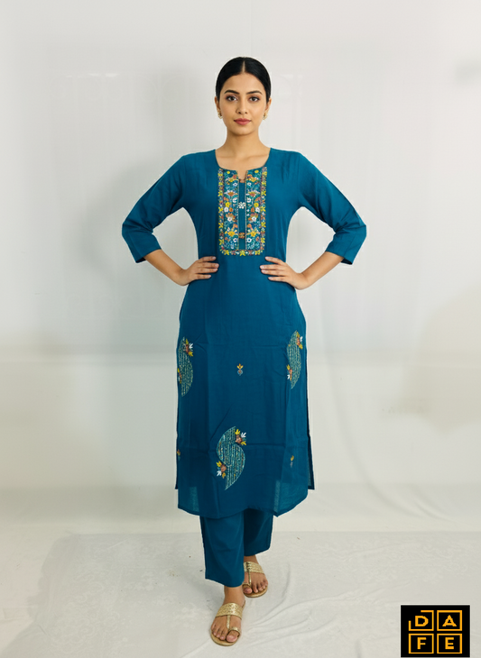 Deep Peacock Blue Yoke-Embroidered 3-Piece Suit Set