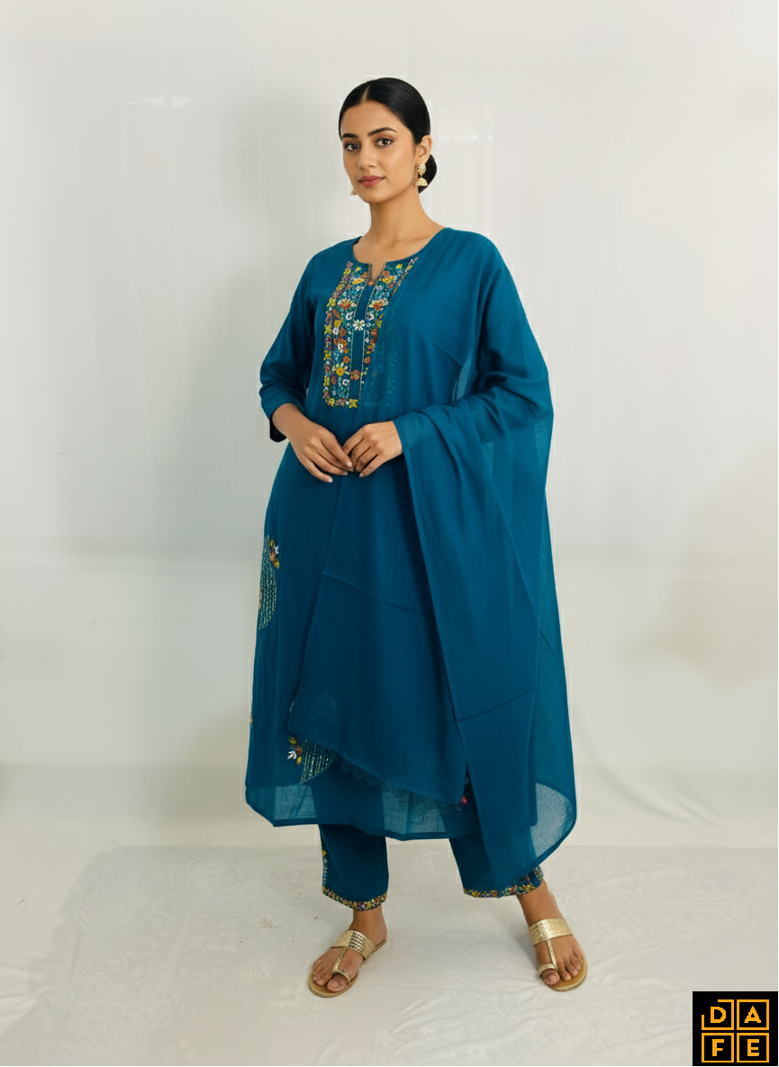 Deep Peacock Blue Yoke-Embroidered 3-Piece Suit Set