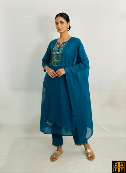 Deep Peacock Blue Yoke-Embroidered 3-Piece Suit Set