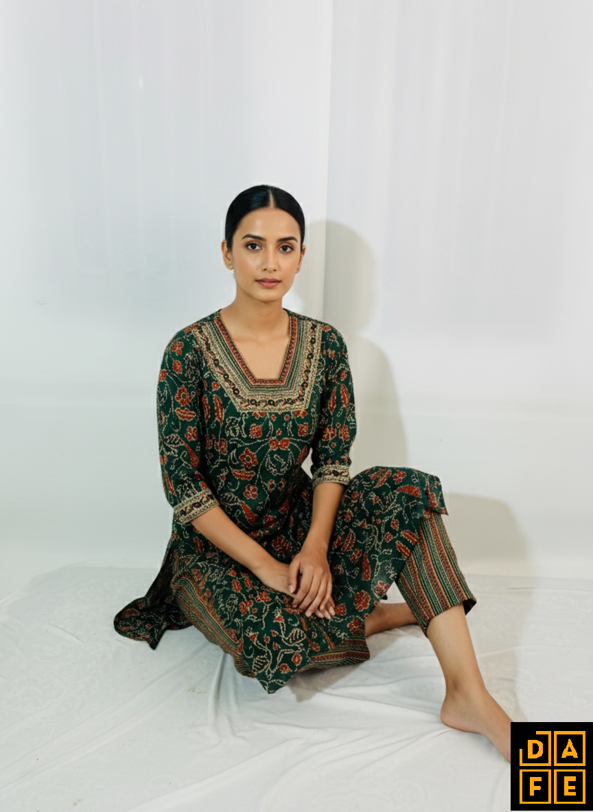 Emerald Ajrakh Print Kurta Set with Coordinated Dupatta