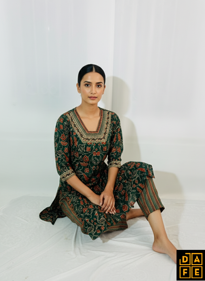 Emerald Ajrakh Print Kurta Set with Coordinated Dupatta