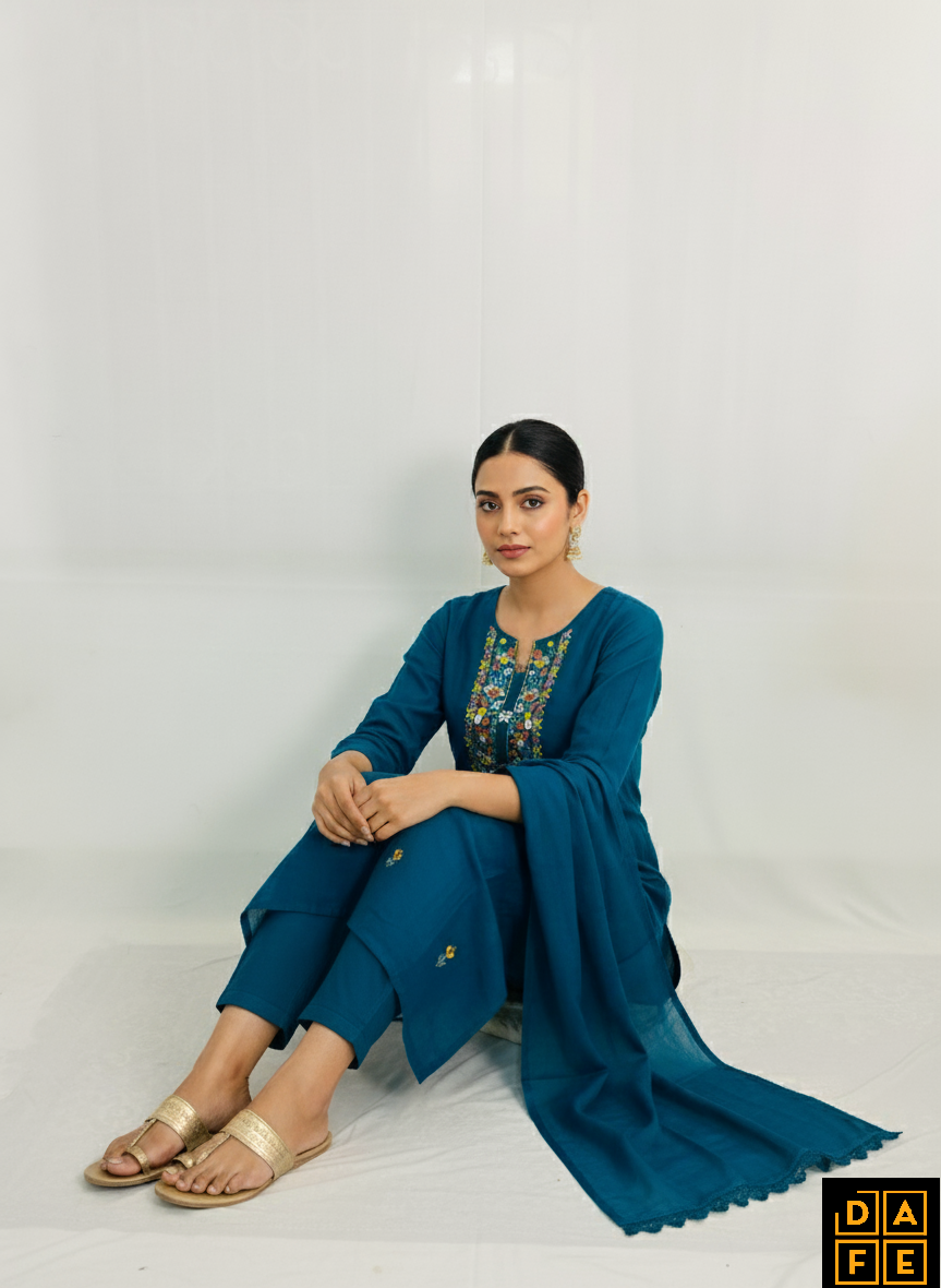 Deep Peacock Blue Yoke-Embroidered 3-Piece Suit Set