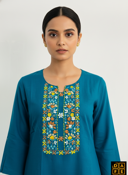 Deep Peacock Blue Yoke-Embroidered 3-Piece Suit Set