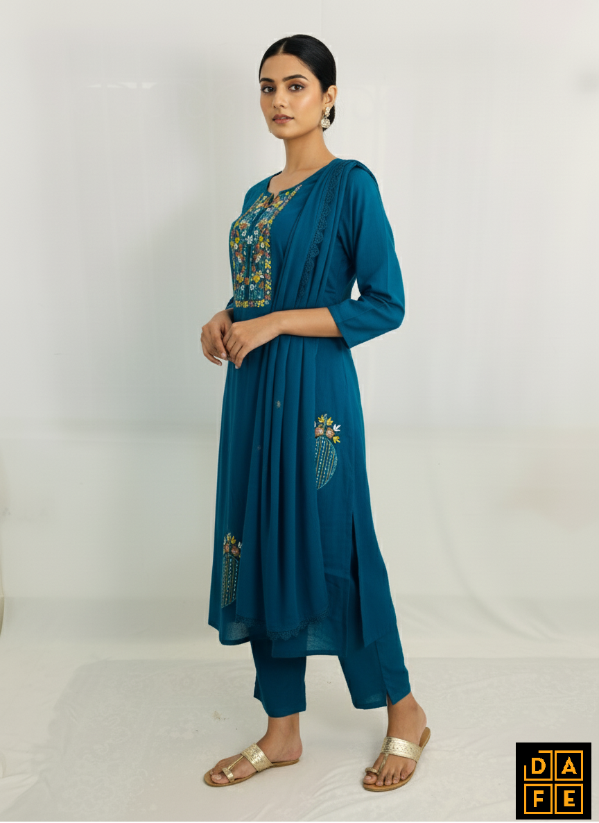 Deep Peacock Blue Yoke-Embroidered 3-Piece Suit Set