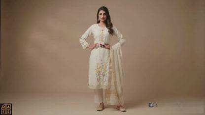 Women's Off-White Floral Embroidered Straight Kurti with Pants & Dupatta